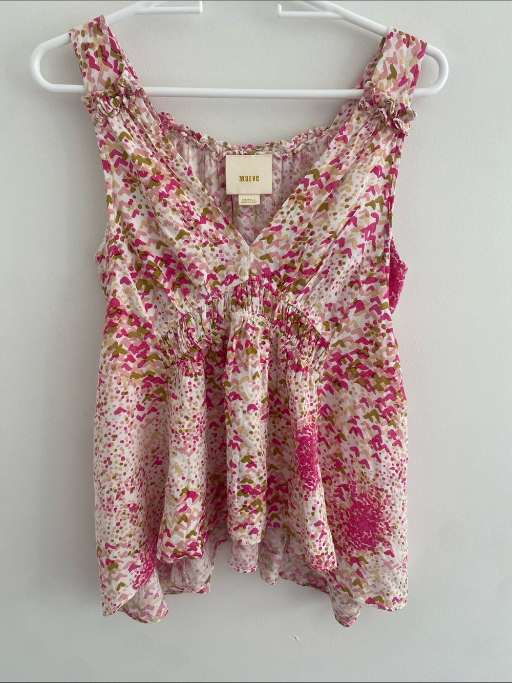 Anthropologie Maeve Babydoll Bretta Ivory Pink Green Splatter Print Tank XS